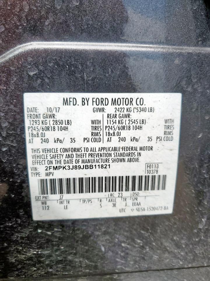 2018 Ford Edge Sel VIN: 2FMPK3J89JBB11821 Lot: 64276975