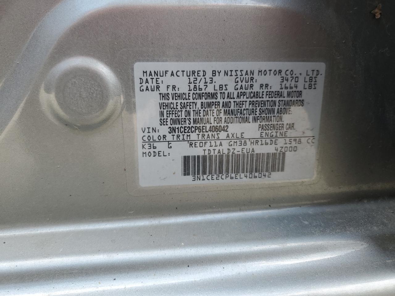 2014 Nissan Versa Note S VIN: 3N1CE2CP6EL406042 Lot: 62528095