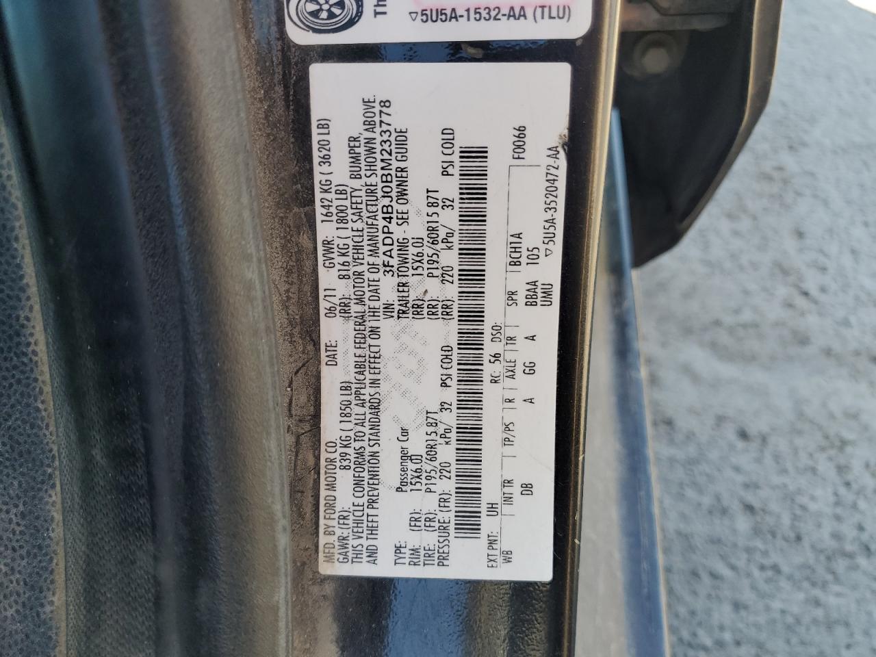 2011 Ford Fiesta Se VIN: 3FADP4BJ0BM233778 Lot: 63528895