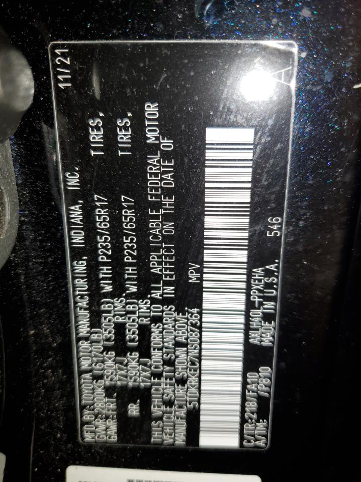 2022 Toyota Sienna Le VIN: 5TDKRKEC7NS087364 Lot: 63135465
