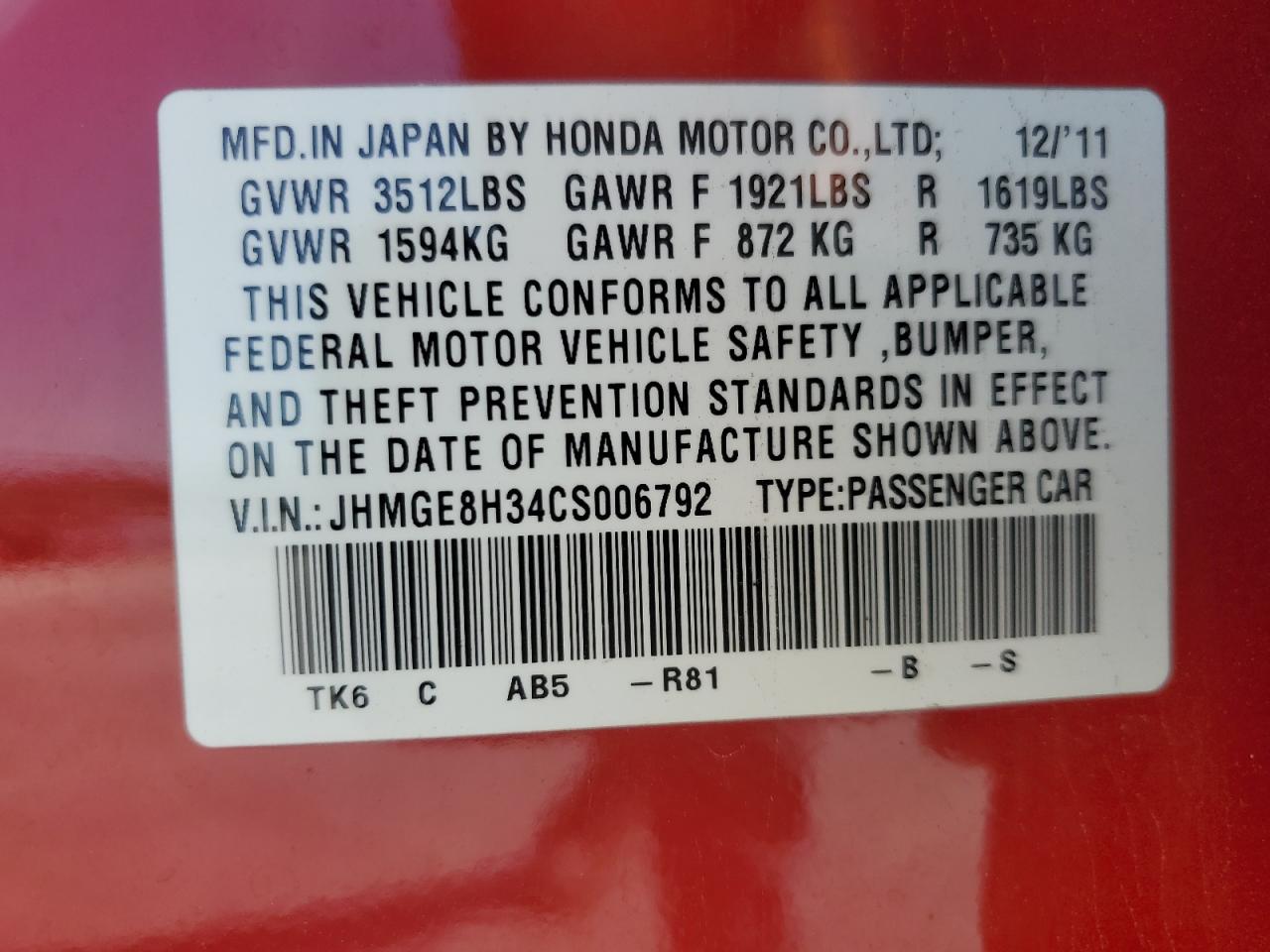 2012 Honda Fit VIN: JHMGE8H34CS006792 Lot: 64567175