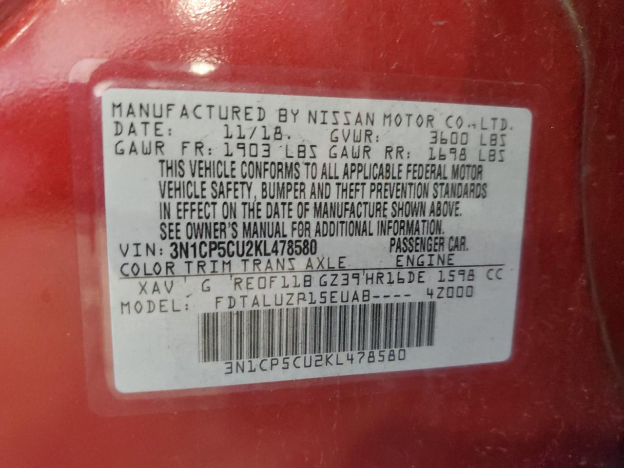 2019 Nissan Kicks S VIN: 3N1CP5CU2KL478580 Lot: 64482865