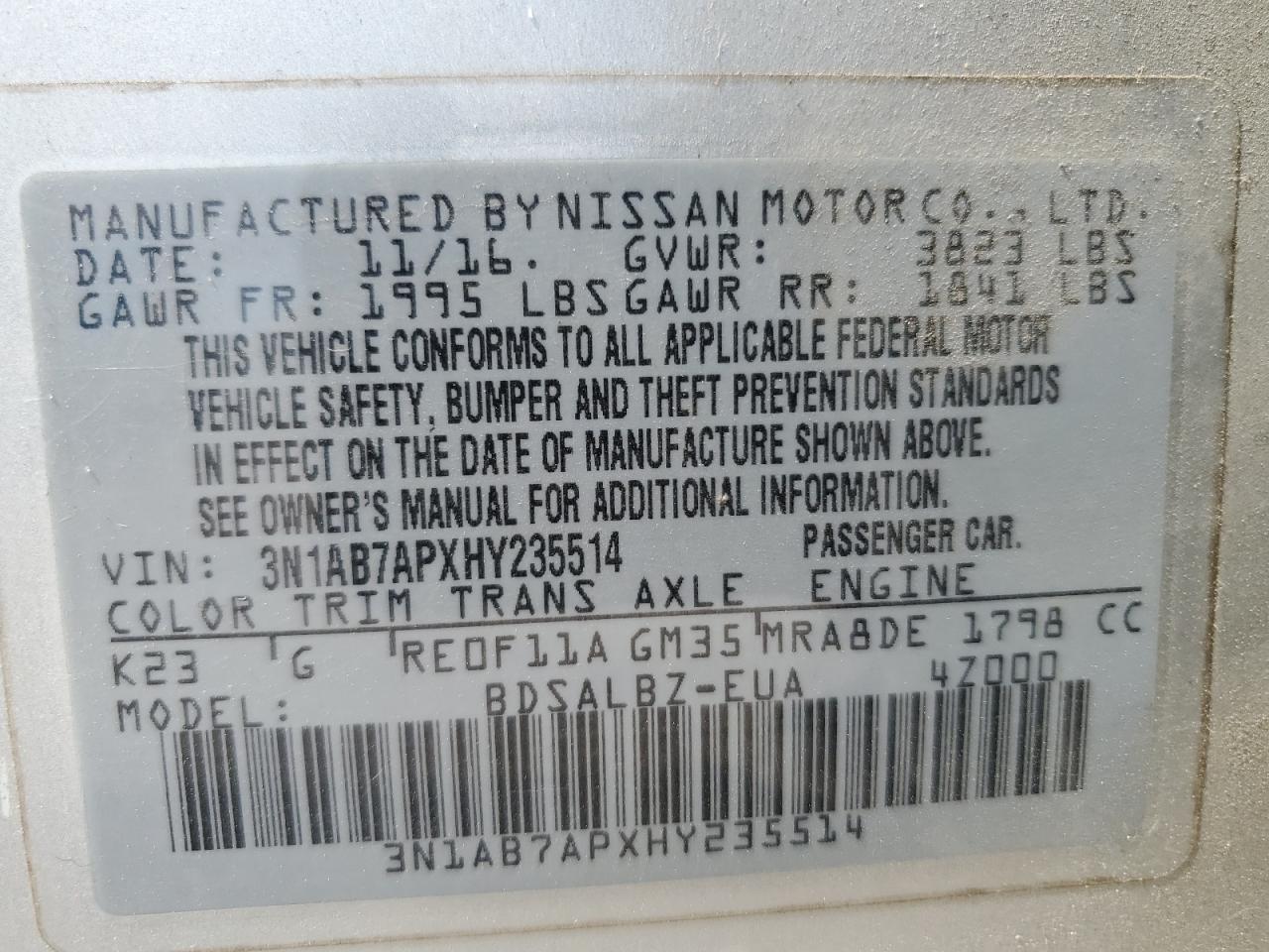 2017 Nissan Sentra S VIN: 3N1AB7APXHY235514 Lot: 65159965