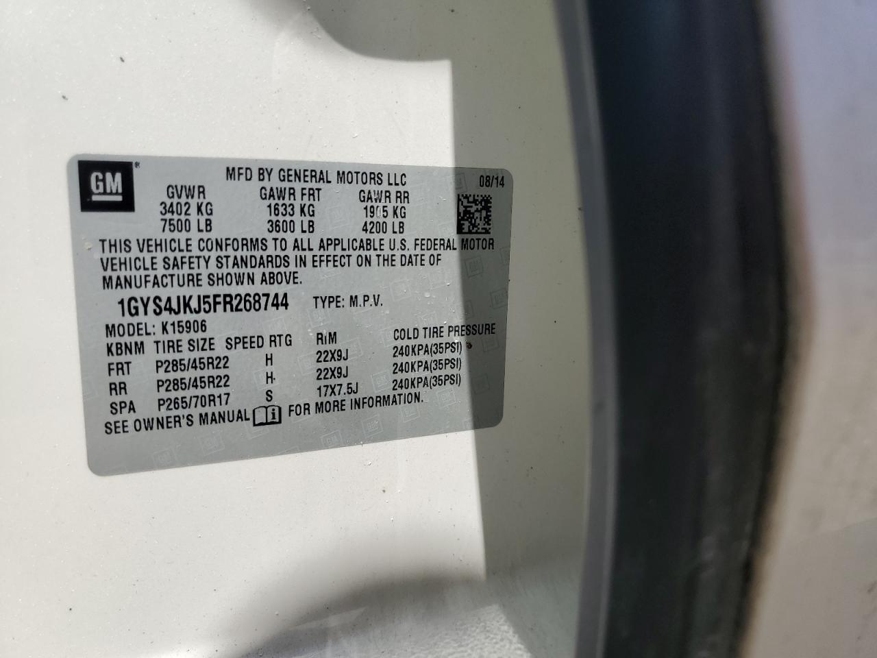 2015 Cadillac Escalade Esv Premium VIN: 1GYS4JKJ5FR268744 Lot: 65888735