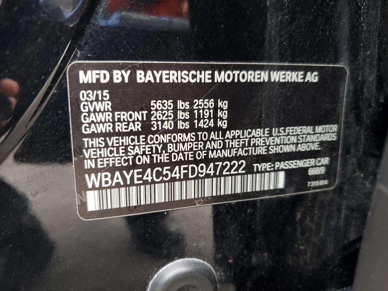 2015 BMW 740 Li VIN: WBAYE4C54FD947222 Lot: 64830515