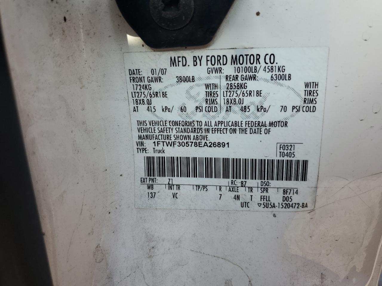 2008 Ford F350 Srw Super Duty VIN: 1FTWF30578EA26891 Lot: 62936965