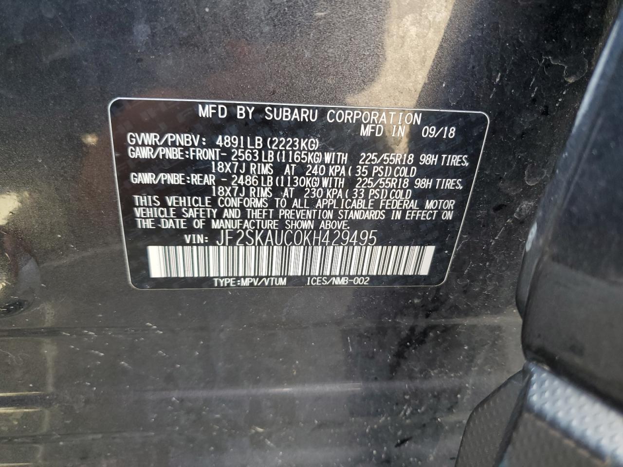 2019 Subaru Forester Limited VIN: JF2SKAUC0KH429495 Lot: 64007435