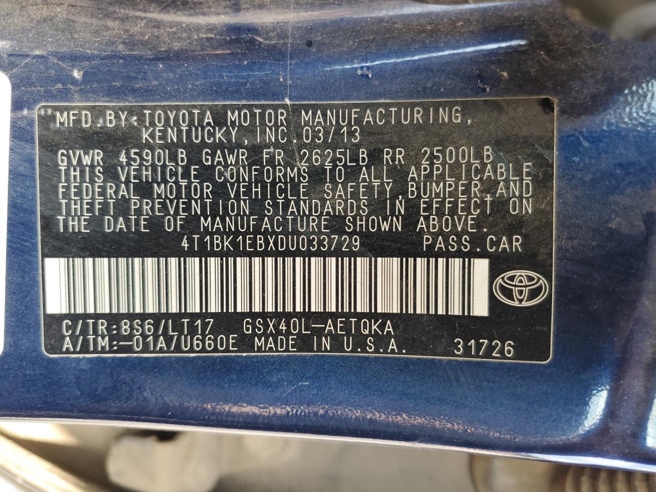 2013 Toyota Avalon Base VIN: 4T1BK1EBXDU033729 Lot: 63602625