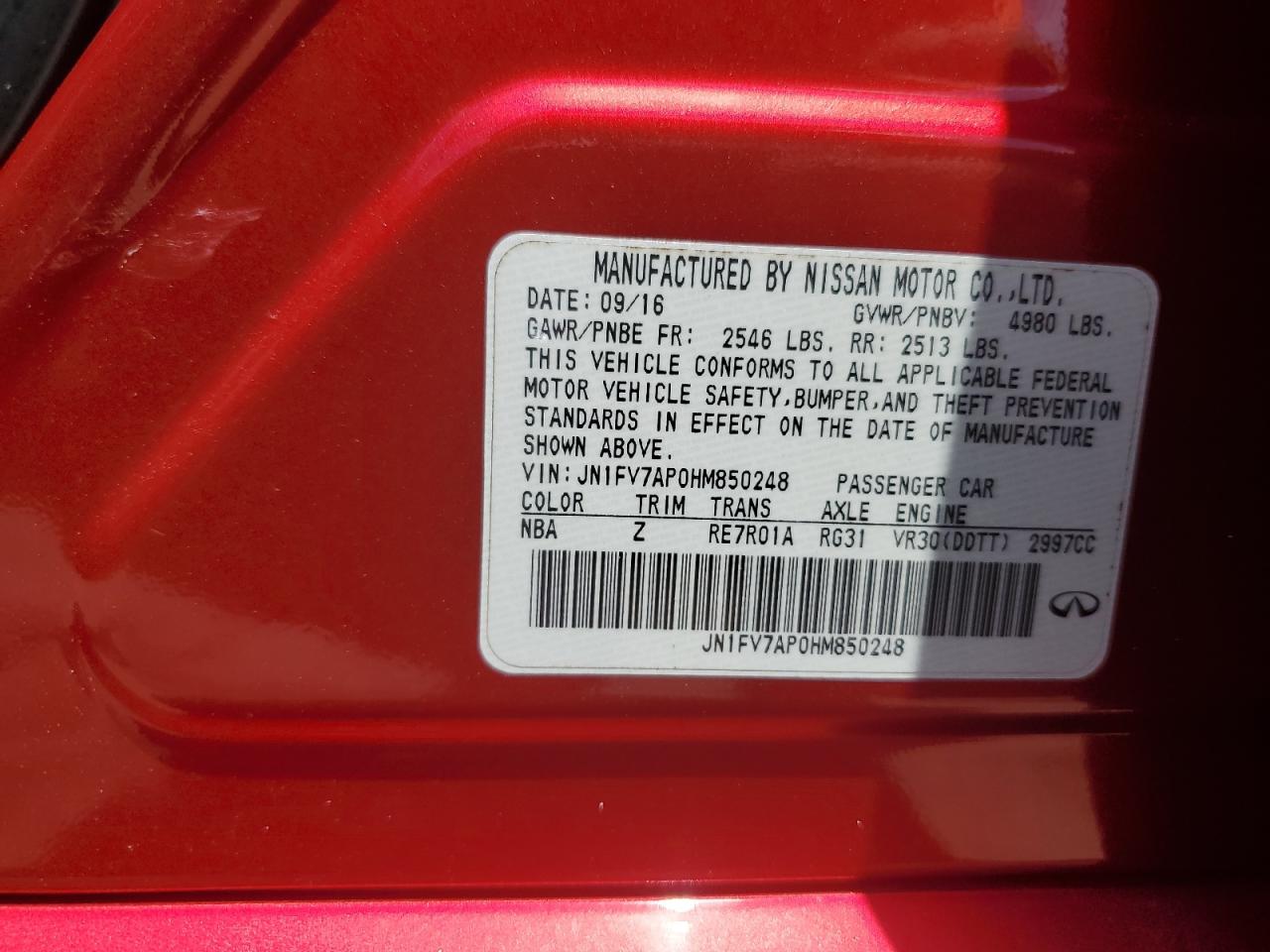 2017 Infiniti Q50 Red Sport 400 VIN: JN1FV7AP0HM850248 Lot: 64643885