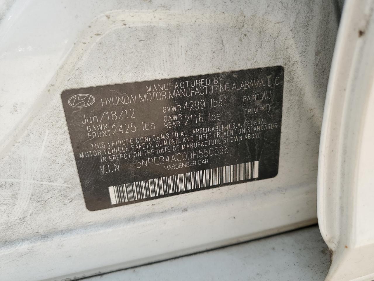 2013 Hyundai Sonata Gls VIN: 5NPEB4AC0DH550596 Lot: 64887755