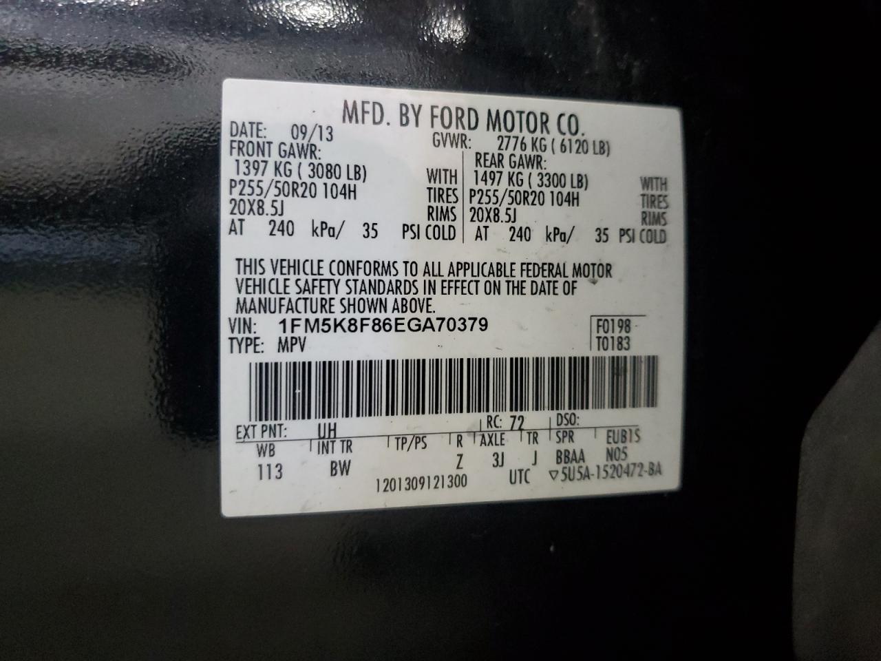 2014 Ford Explorer Limited VIN: 1FM5K8F86EGA70379 Lot: 64446705