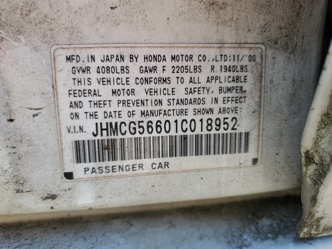 2001 Honda Accord Ex VIN: JHMCG56601C018952 Lot: 64621285