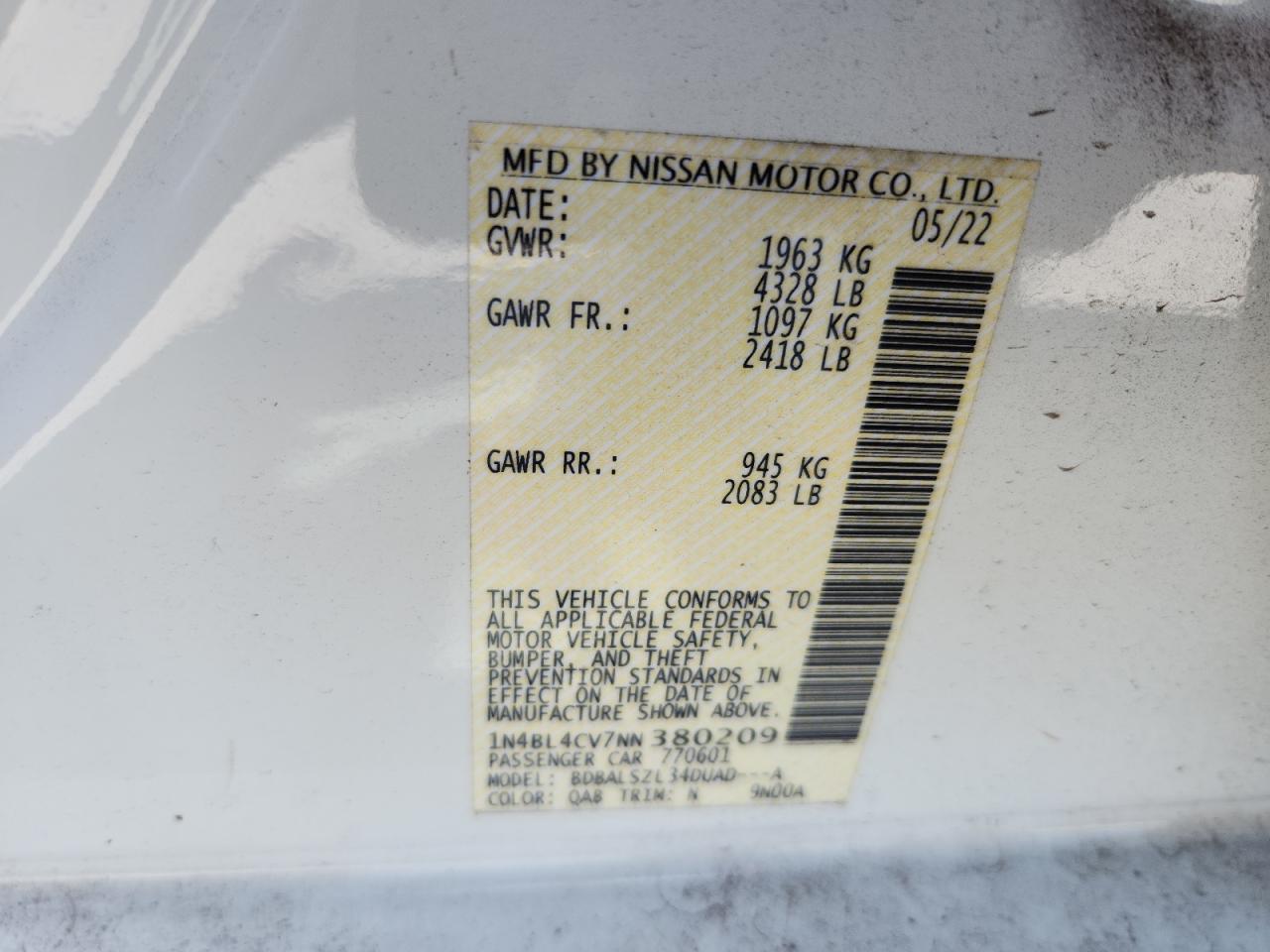 2022 Nissan Altima Sr VIN: 1N4BL4CV7NN380209 Lot: 65014505