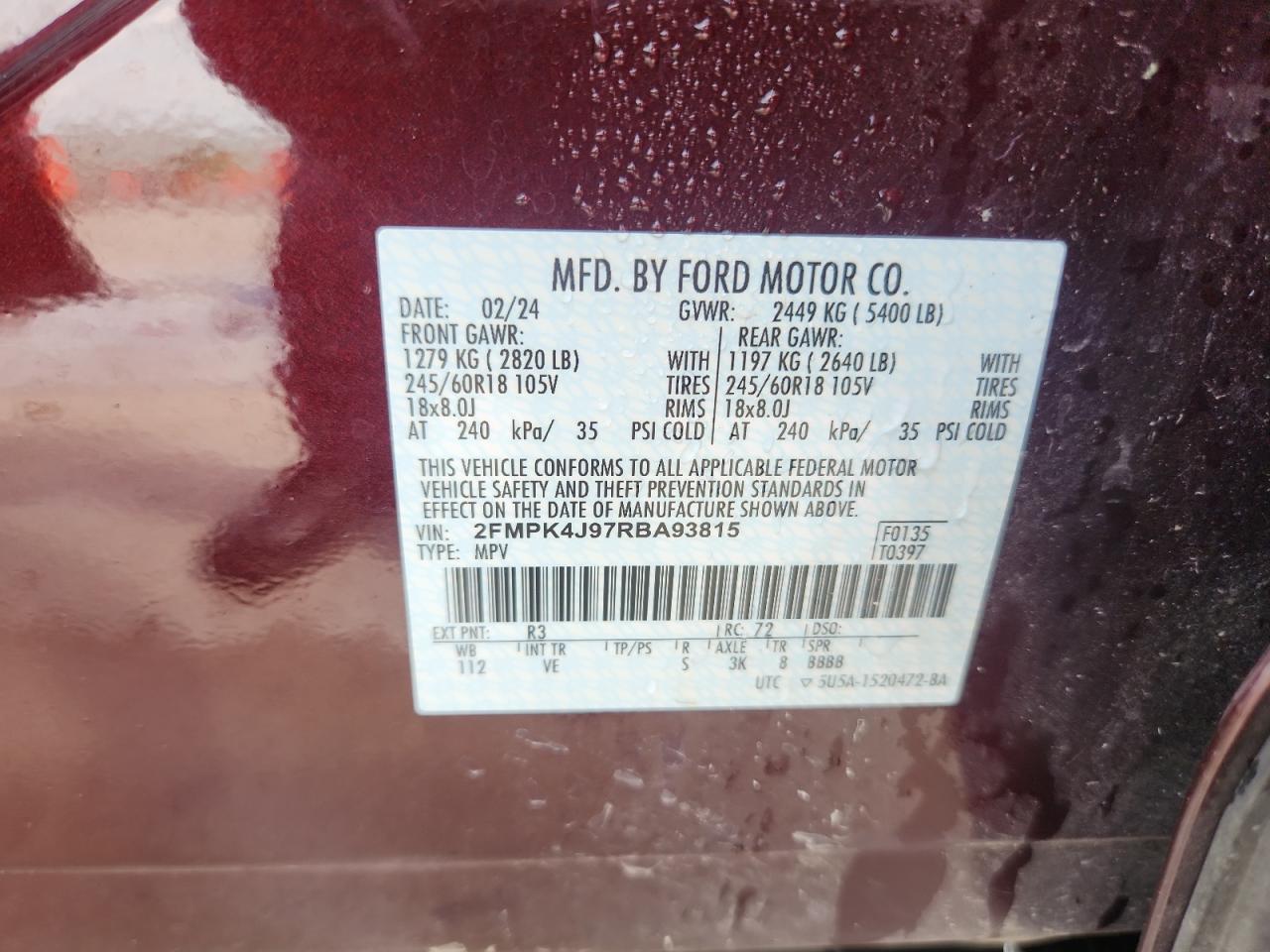 2024 Ford Edge Sel VIN: 2FMPK4J97RBA93815 Lot: 64319515