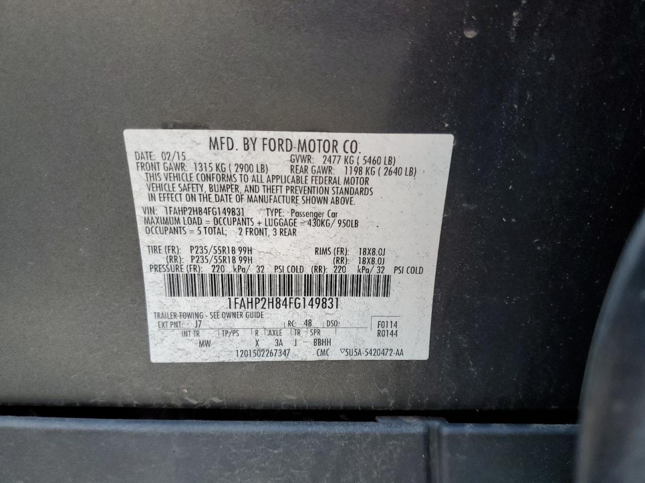 2015 Ford Taurus Sel VIN: 1FAHP2H84FG149831 Lot: 64256675
