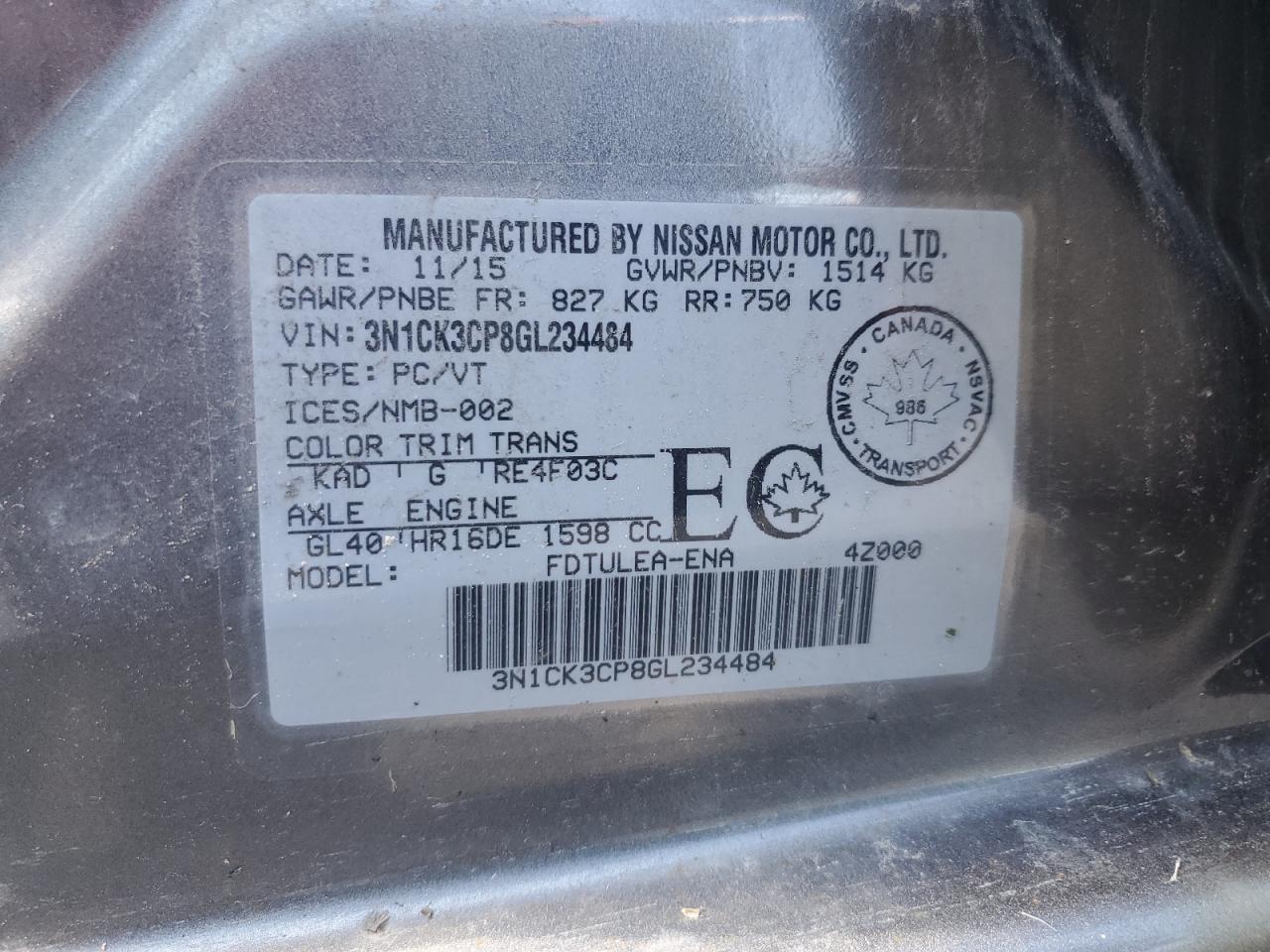 2016 Nissan Micra VIN: 3N1CK3CP8GL234484 Lot: 65281175