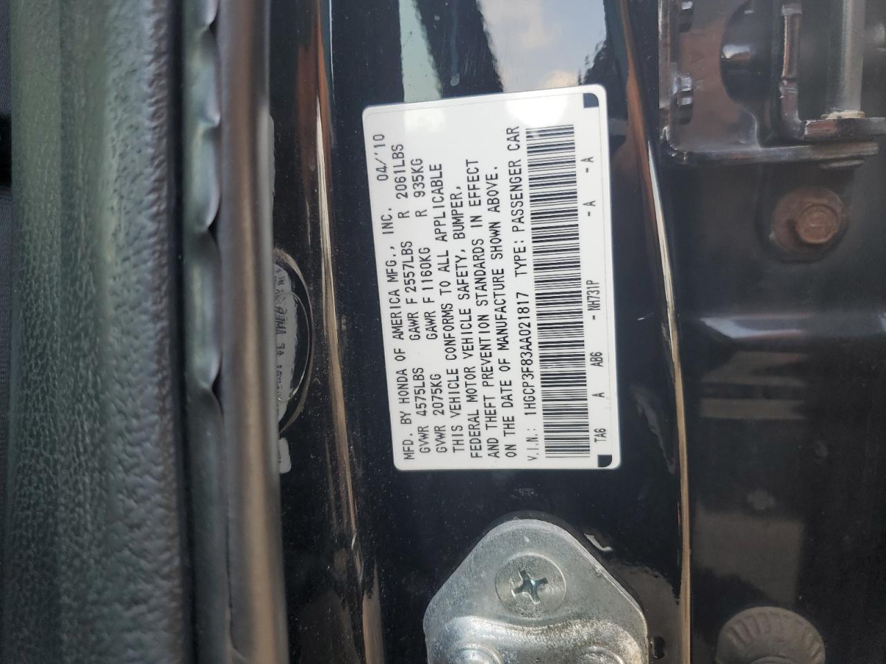 2010 Honda Accord Exl VIN: 1HGCP3F83AA021817 Lot: 64653655
