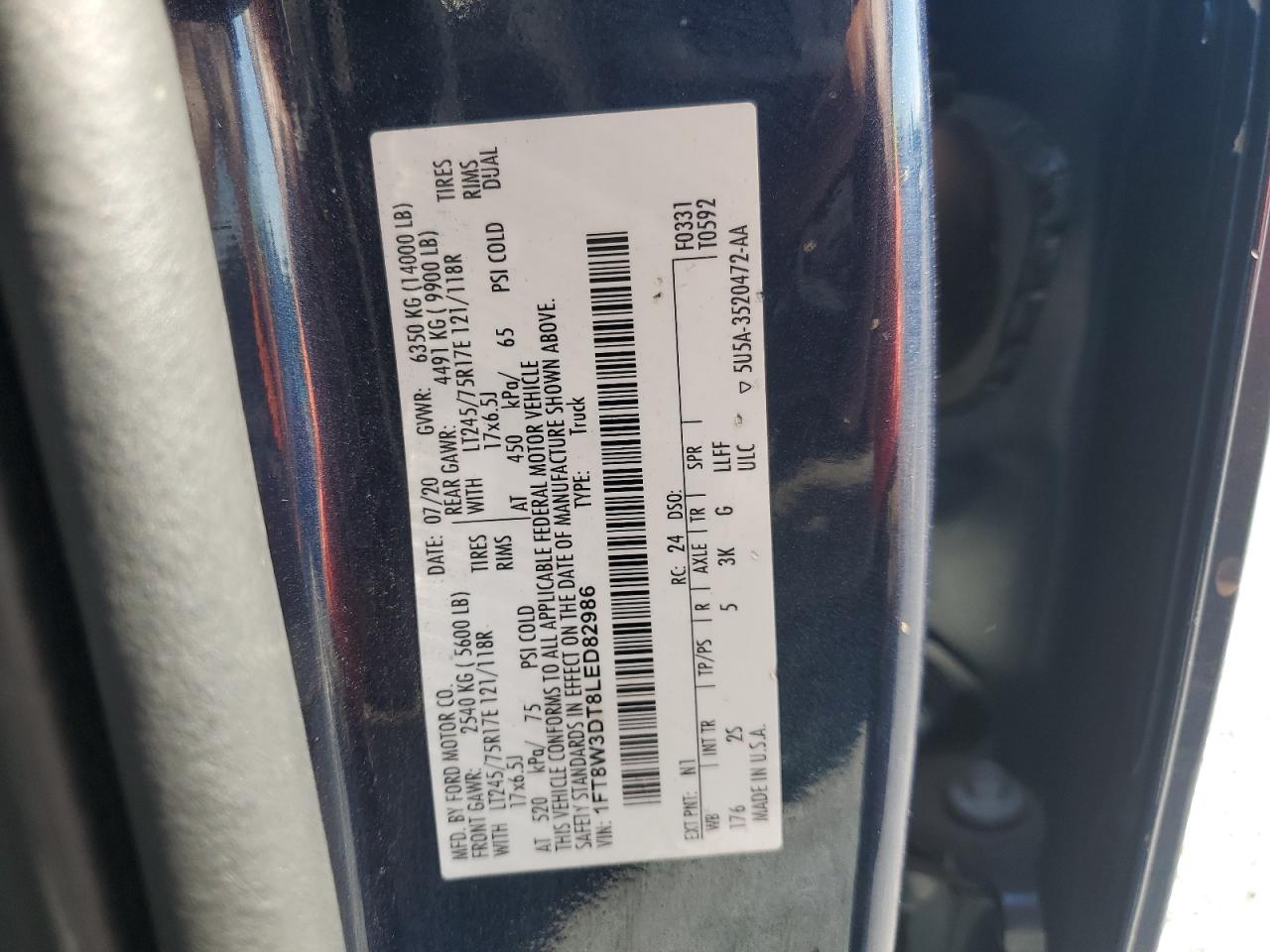 2020 Ford F350 Super Duty VIN: 1FT8W3DT8LED82986 Lot: 64165735