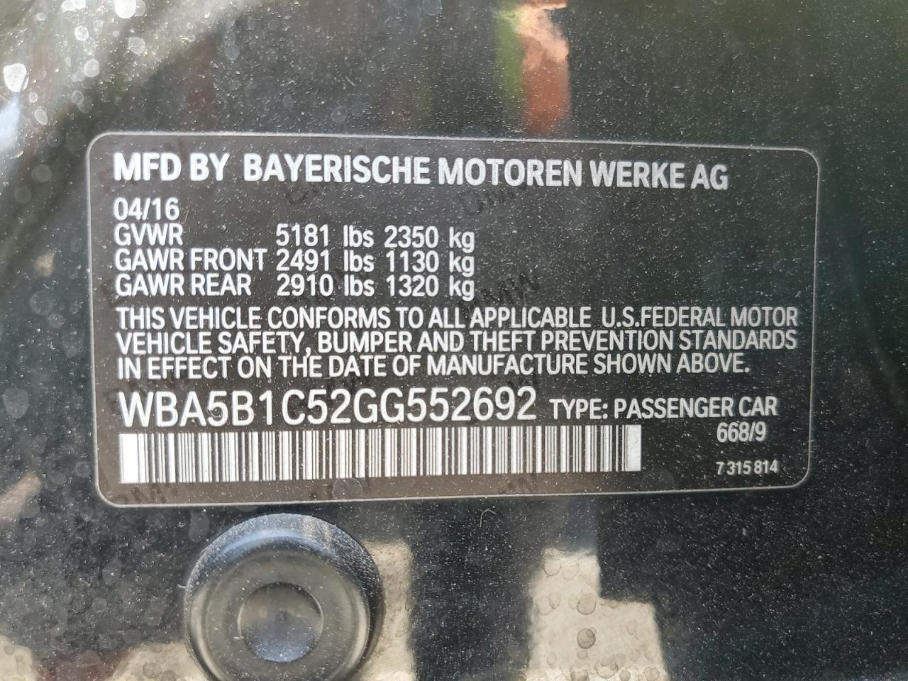 2016 BMW 535 I VIN: WBA5B1C52GG552692 Lot: 64121225