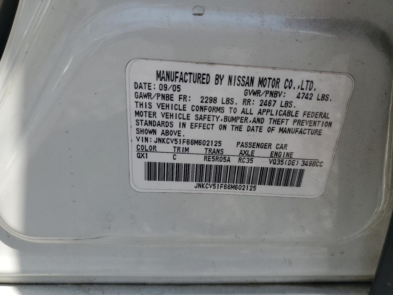 2006 Infiniti G35 VIN: JNKCV51F66M602125 Lot: 64906025