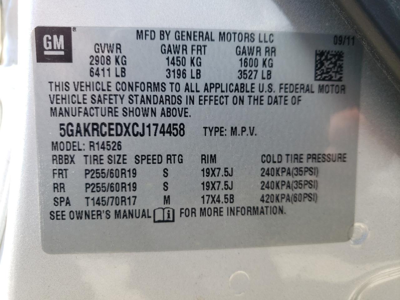 2012 Buick Enclave VIN: 5GAKRCEDXCJ174458 Lot: 68146785