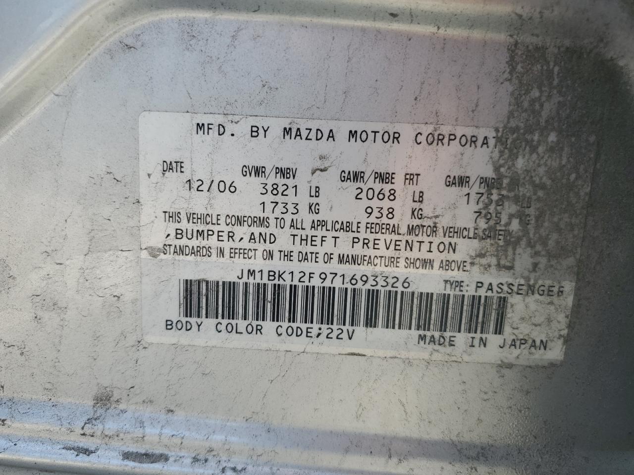 2007 Mazda 3 I VIN: JM1BK12F971693326 Lot: 64348585