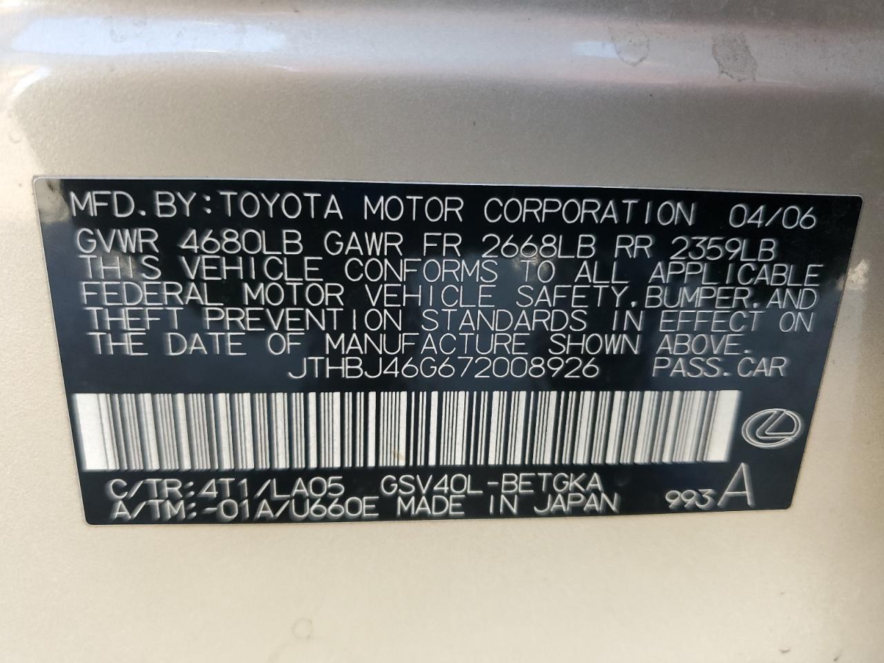2007 Lexus Es 350 VIN: JTHBJ46G672008926 Lot: 65478955