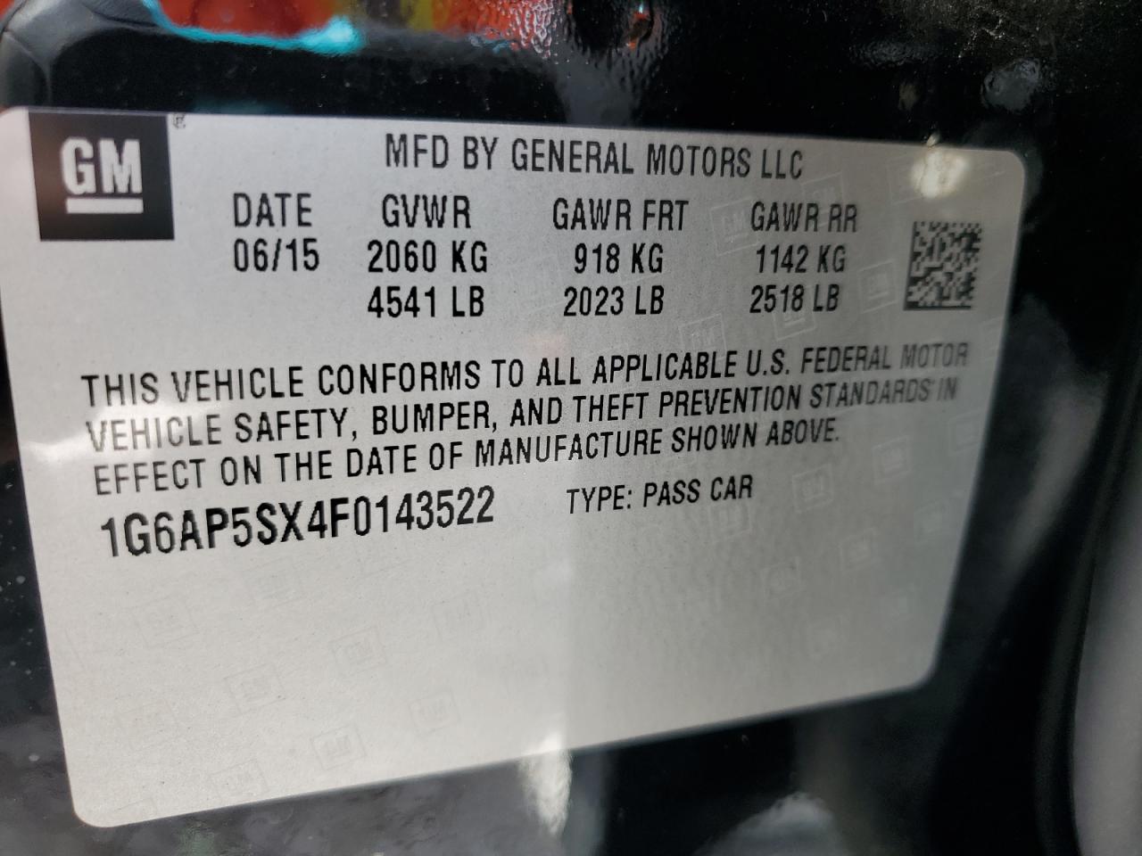 2015 Cadillac Cts VIN: 1G6AP5SX4F0143522 Lot: 65339535