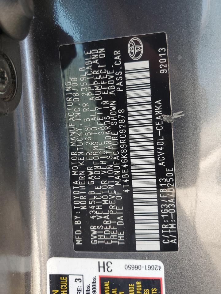 2009 Toyota Camry Base VIN: 4T4BE46K89R092878 Lot: 65377225