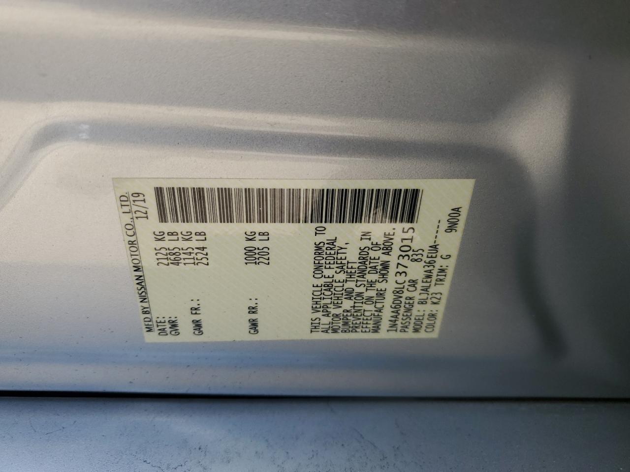 2020 Nissan Maxima Sl VIN: 1N4AA6DV8LC373015 Lot: 63754175