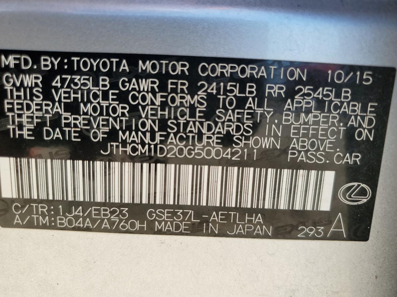 2016 Lexus Is 300 VIN: JTHCM1D20G5004211 Lot: 64591185