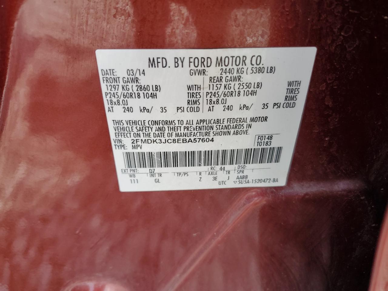 2014 Ford Edge Sel VIN: 2FMDK3JC8EBA57604 Lot: 65390575
