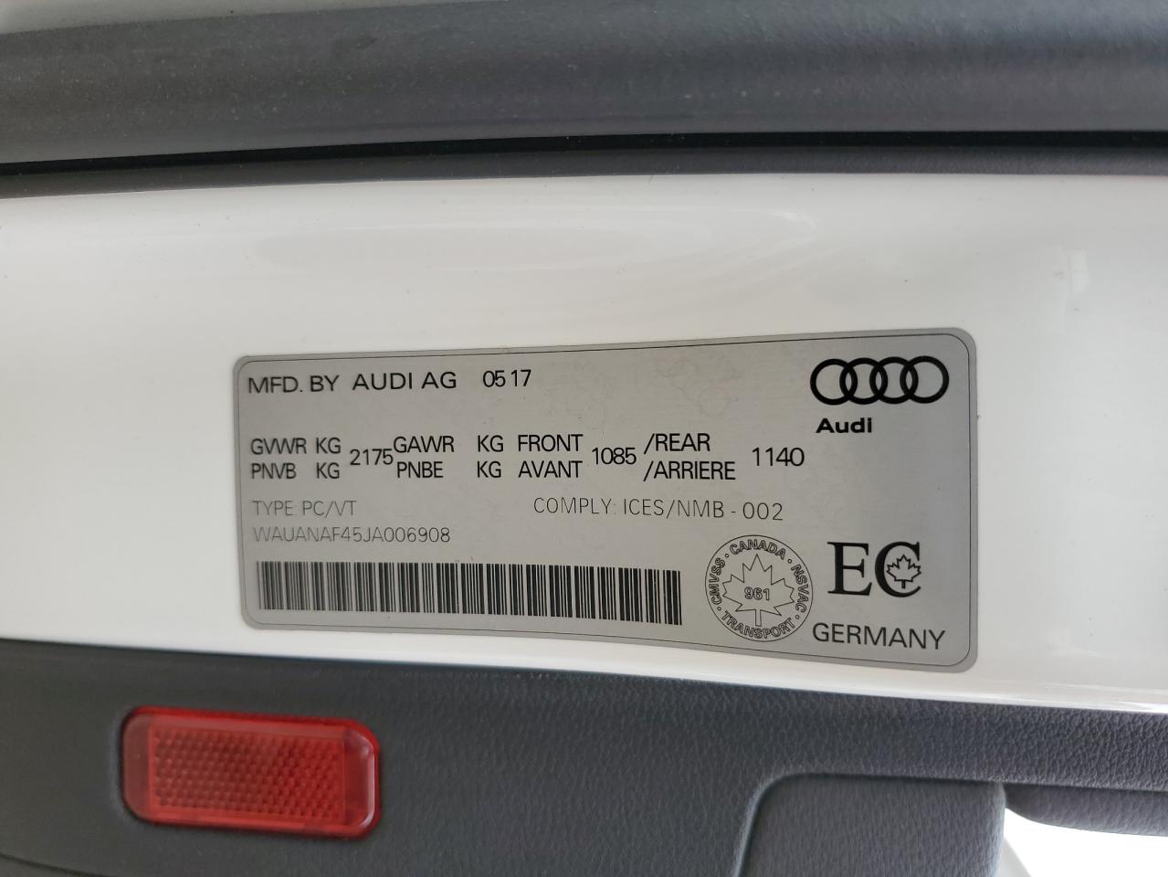 2018 Audi A4 Komfort VIN: WAUANAF45JA006908 Lot: 62539515