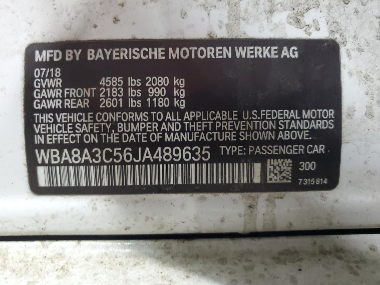 2018 BMW 320 Xi VIN: WBA8A3C56JA489635 Lot: 66666005