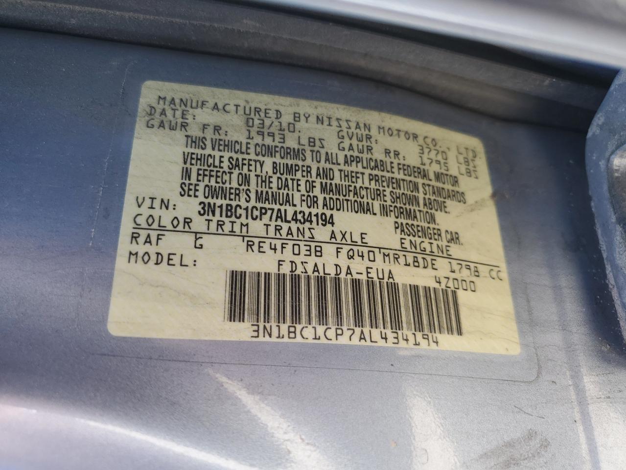 2010 Nissan Versa S VIN: 3N1BC1CP7AL434194 Lot: 65590795