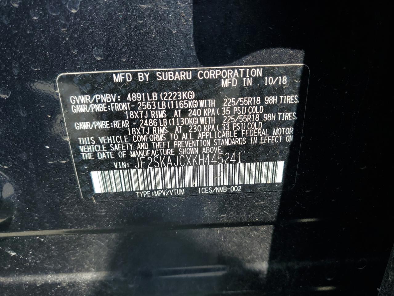 2019 Subaru Forester Sport VIN: JF2SKAJCXKH445241 Lot: 63455715