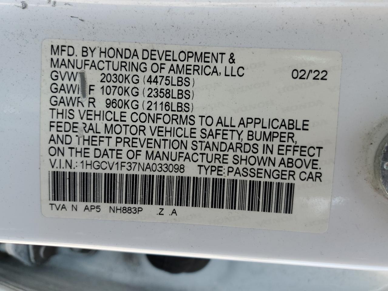 2022 Honda Accord Sport VIN: 1HGCV1F37NA033098 Lot: 64962925