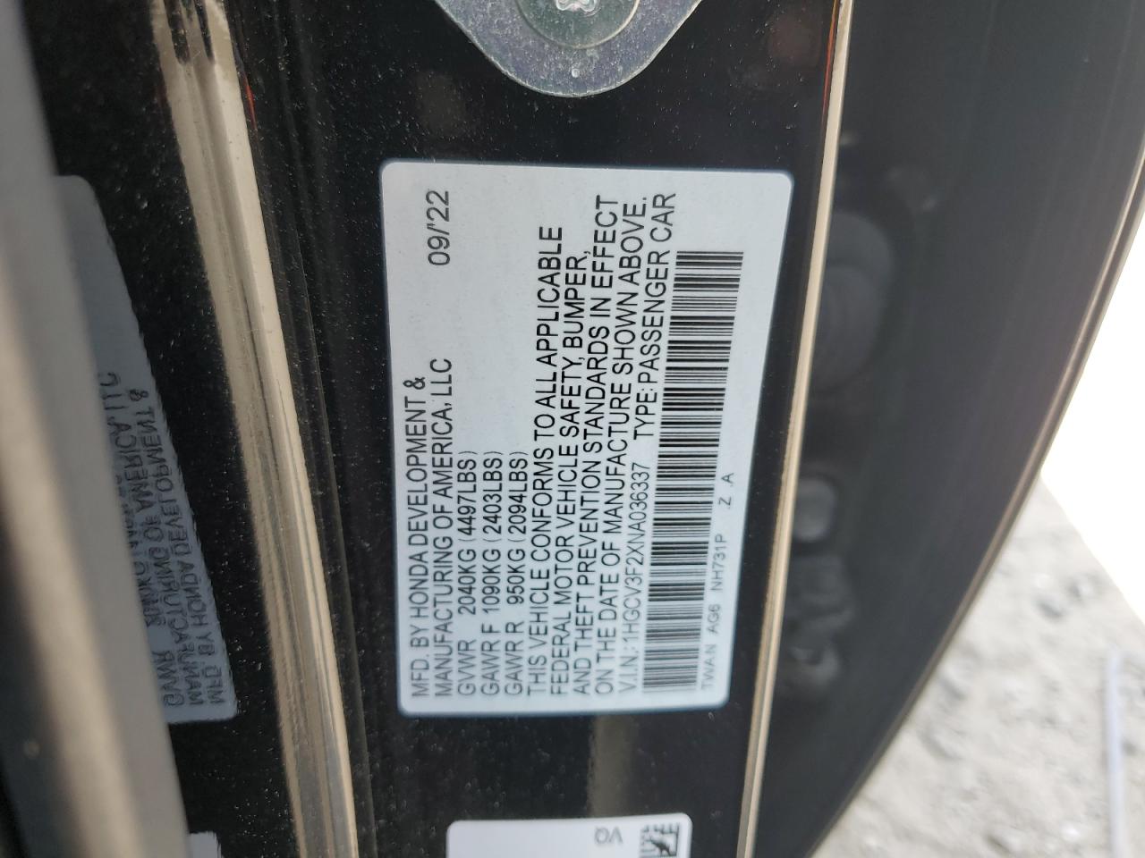 2022 Honda Accord Hybrid Sport VIN: 1HGCV3F2XNA036337 Lot: 63388375