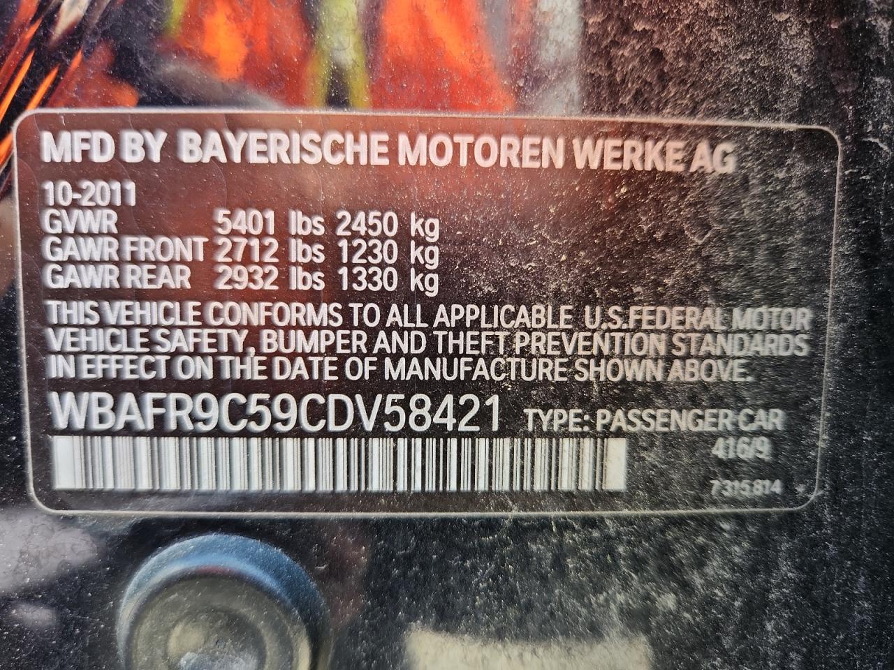 2012 BMW 550 I VIN: WBAFR9C59CDV58421 Lot: 64184055