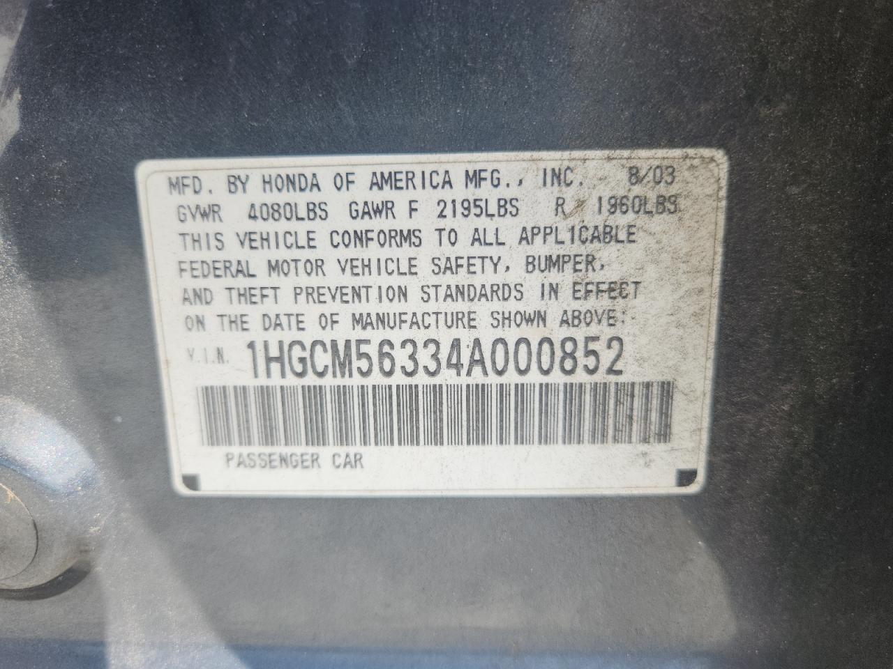 2004 Honda Accord Lx VIN: 1HGCM56334A000852 Lot: 61375675
