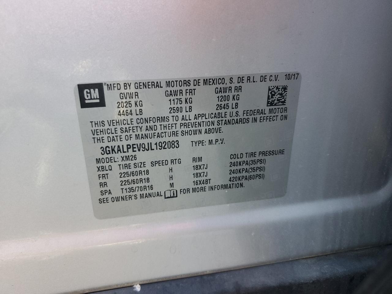 2018 GMC Terrain Slt VIN: 3GKALPEV9JL192083 Lot: 64229465