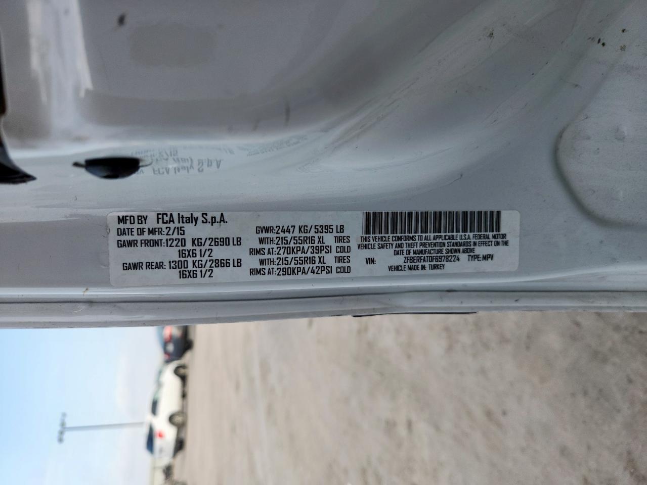 2015 Ram Promaster City VIN: ZFBERFAT0F6978224 Lot: 65046715
