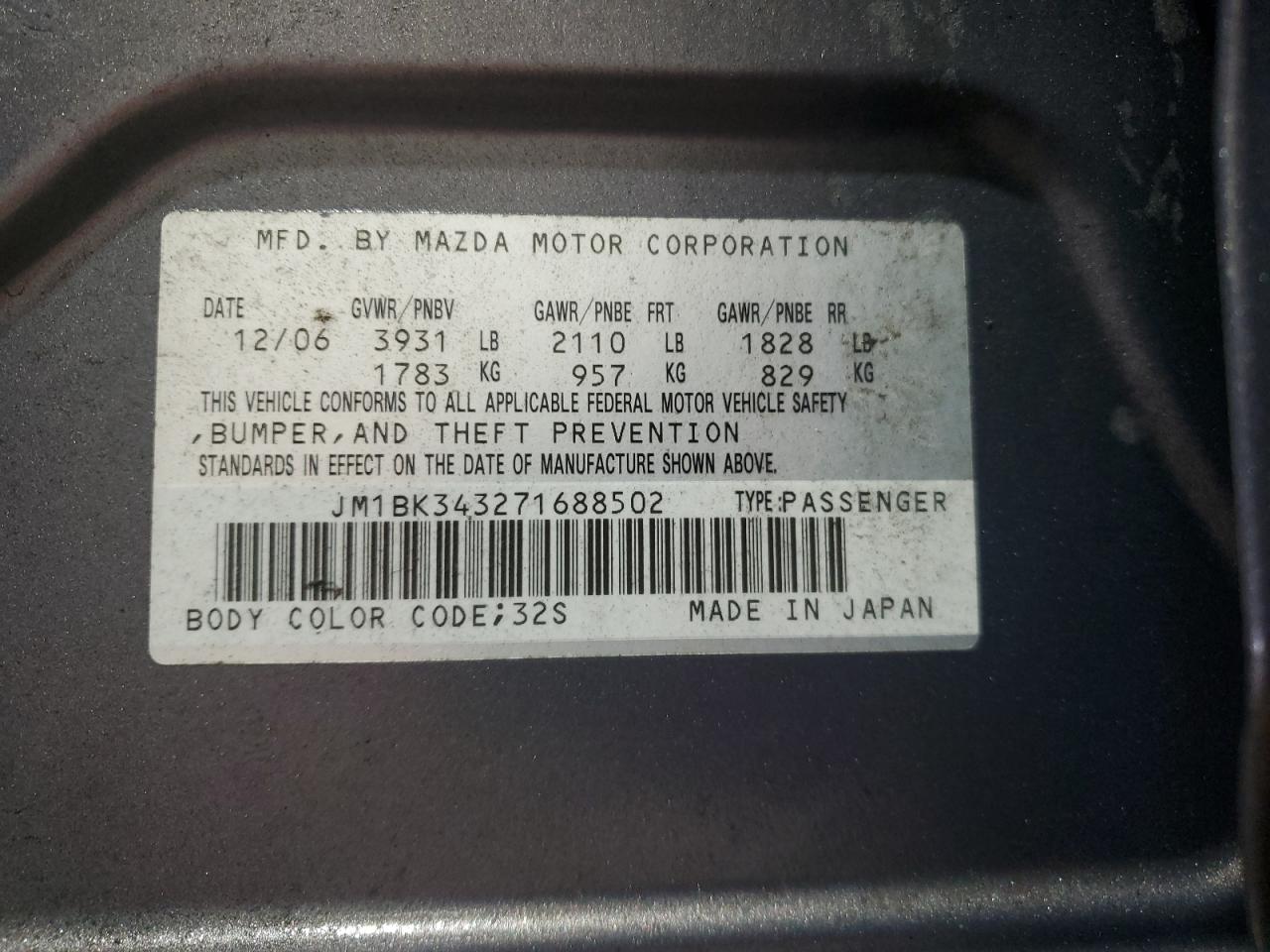 2007 Mazda 3 Hatchback VIN: JM1BK343271688502 Lot: 64457695
