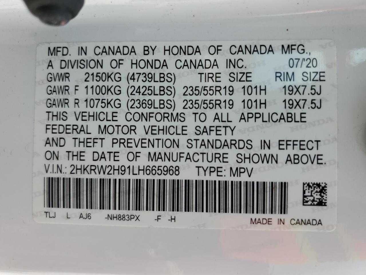 2020 Honda Cr-V Touring VIN: 2HKRW2H91LH665968 Lot: 63829865