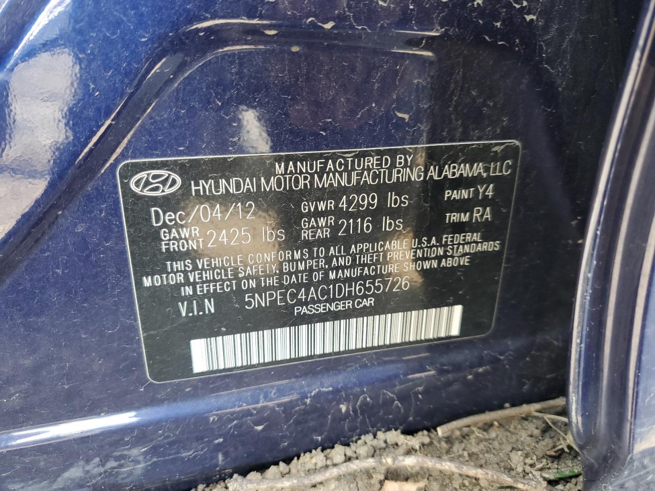 2013 Hyundai Sonata Se VIN: 5NPEC4AC1DH655726 Lot: 64283095