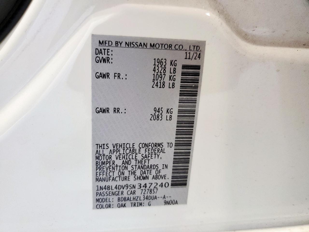 2025 Nissan Altima Sv VIN: 1N4BL4DV9SN347240 Lot: 64675555