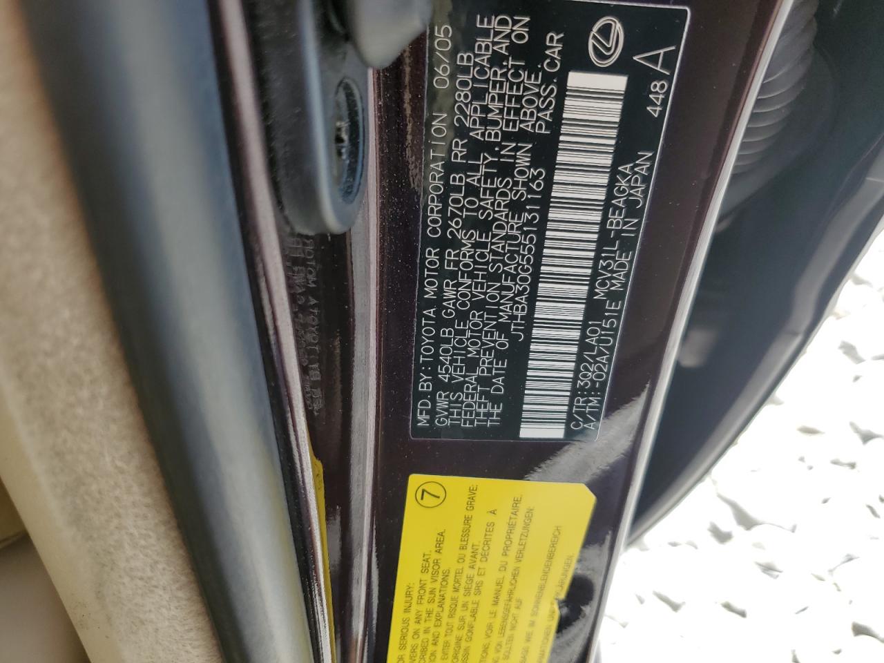 2005 Lexus Es 330 VIN: JTHBA30G555131163 Lot: 63614185