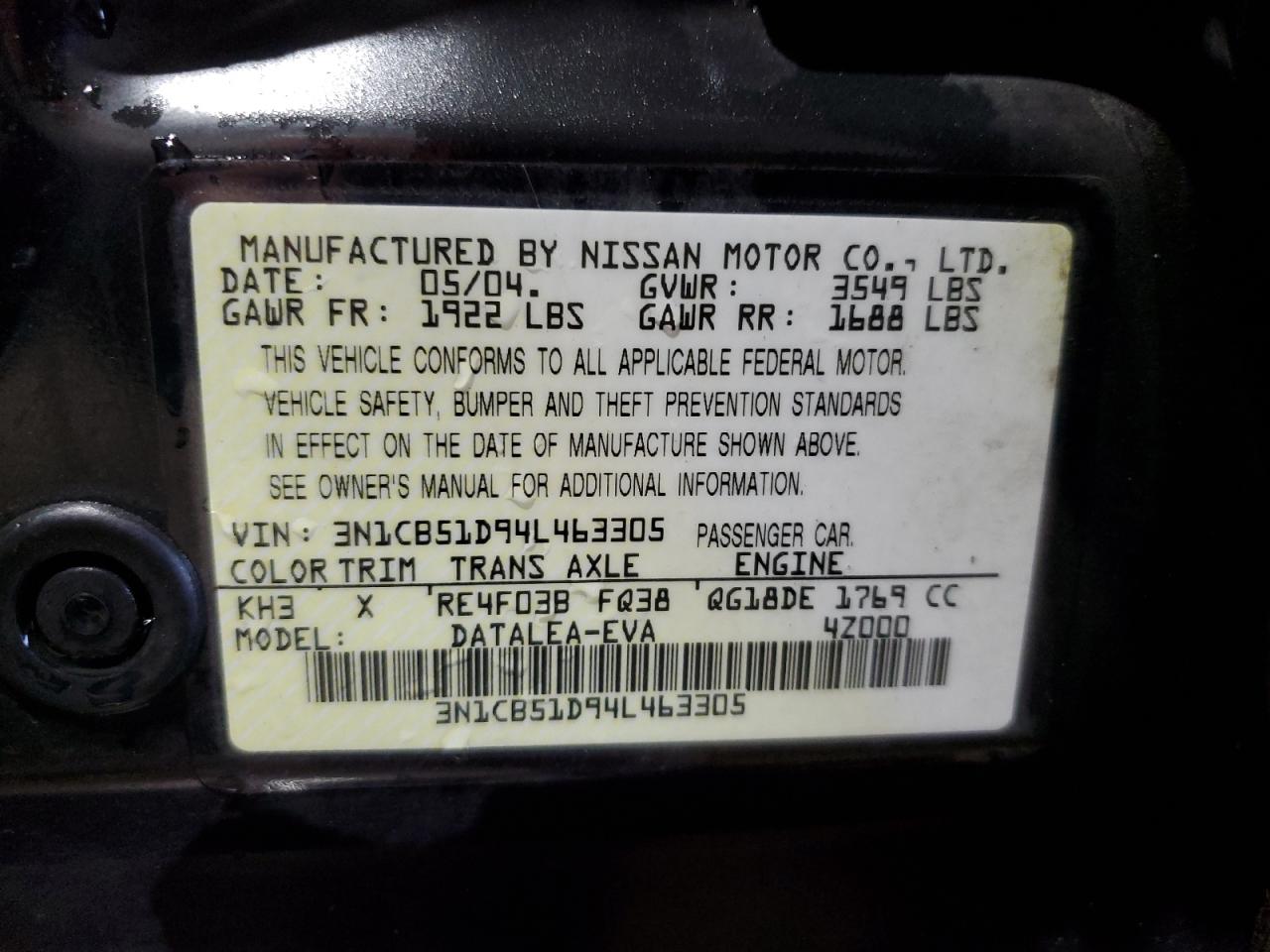 2004 Nissan Sentra 1.8 VIN: 3N1CB51D94L463305 Lot: 63628995