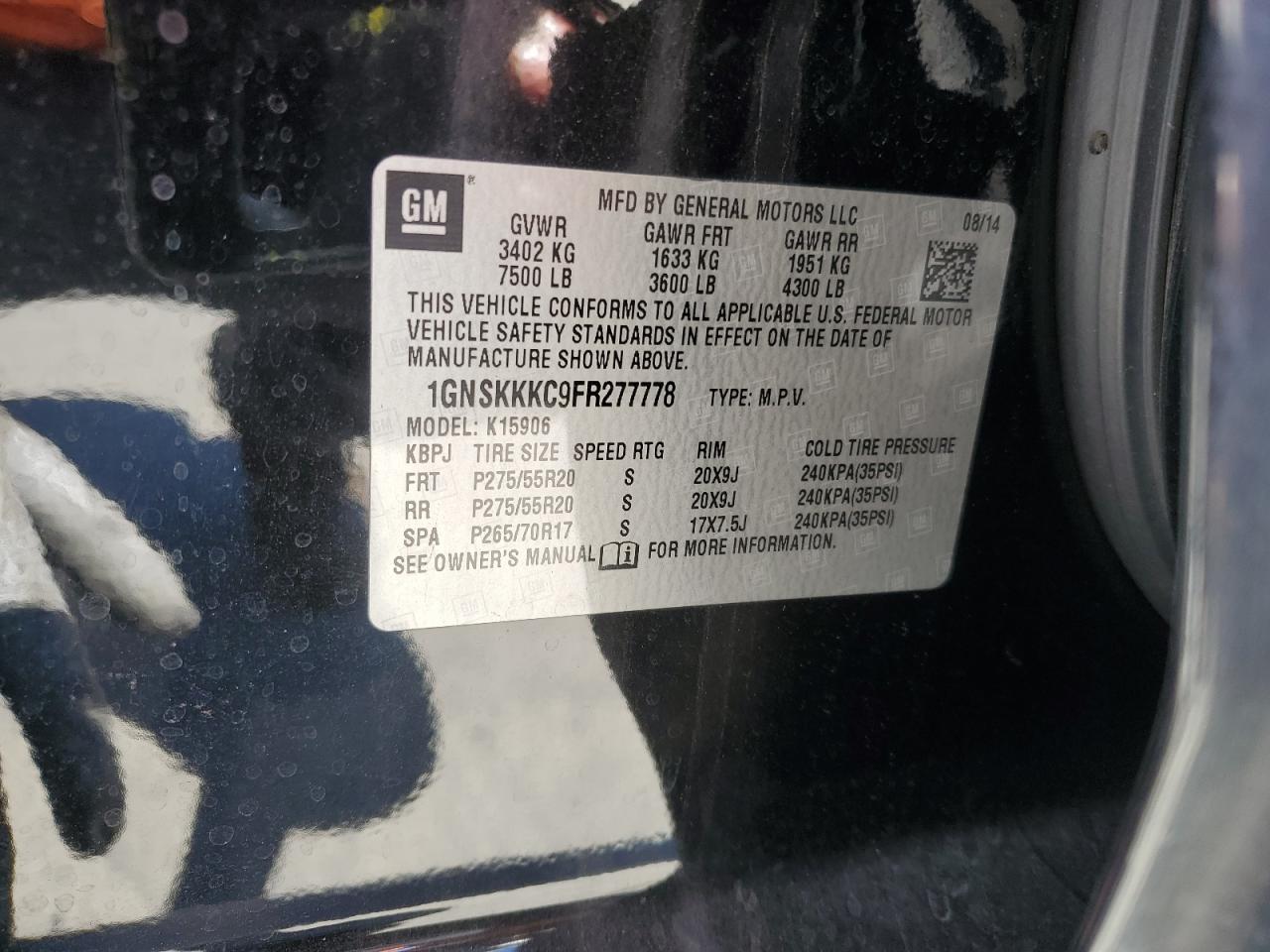 1gnskkkc9fr277778 1GNSKKKC9FR277778 2015 Chevrolet Suburban K1500 Ltz