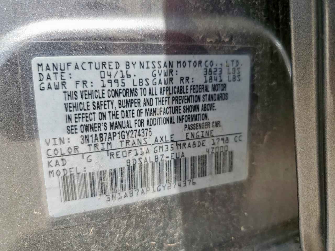 2016 Nissan Sentra S VIN: 3N1AB7AP1GY274376 Lot: 65228715
